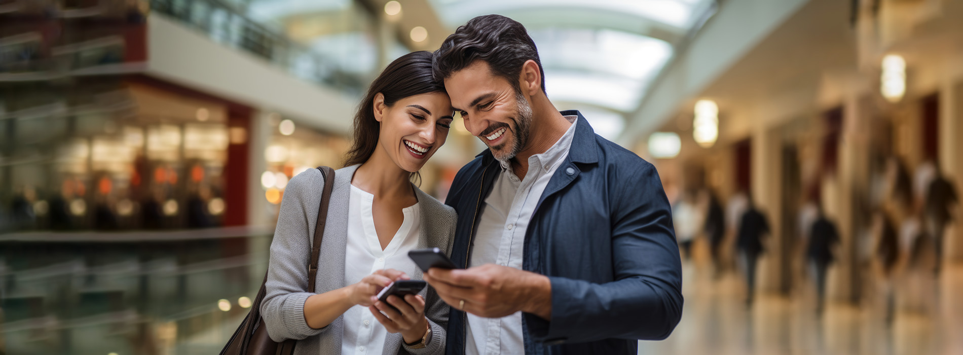 A man and woman standing in a modern retail space, both holding smartphones and looking at their screens.