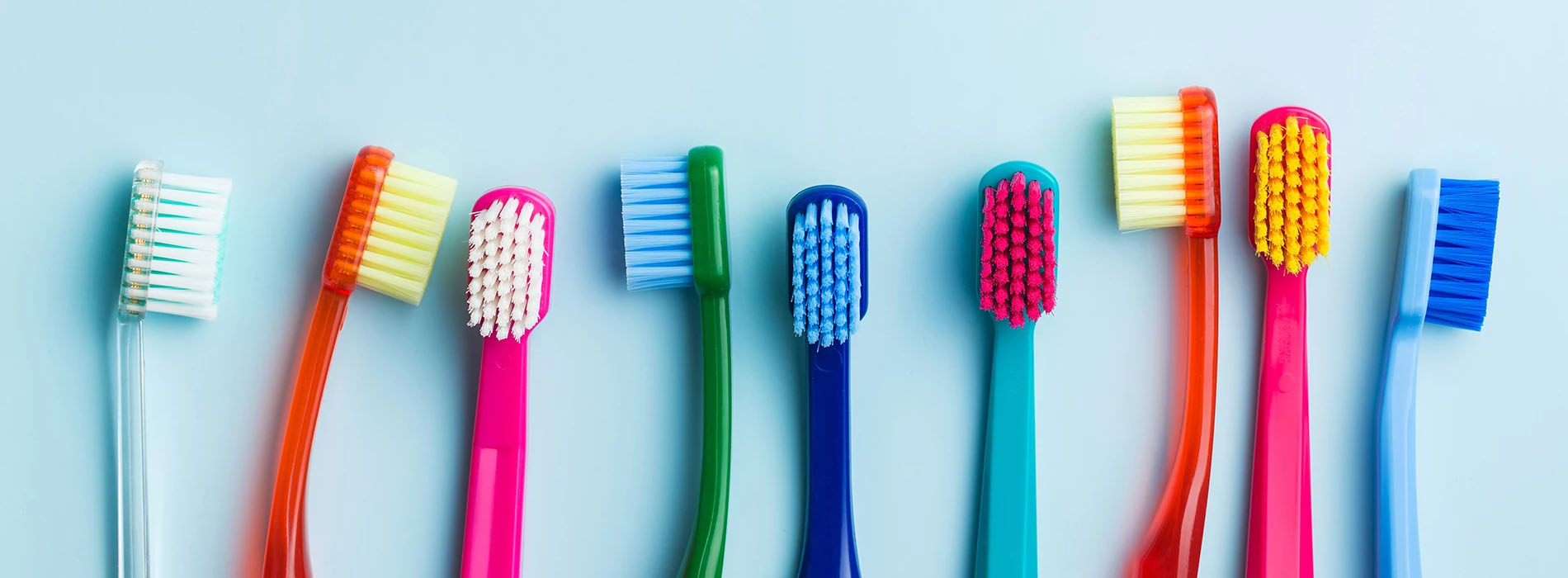 A collection of colorful toothbrushes with bristles, arranged in a row against a blue backdrop.