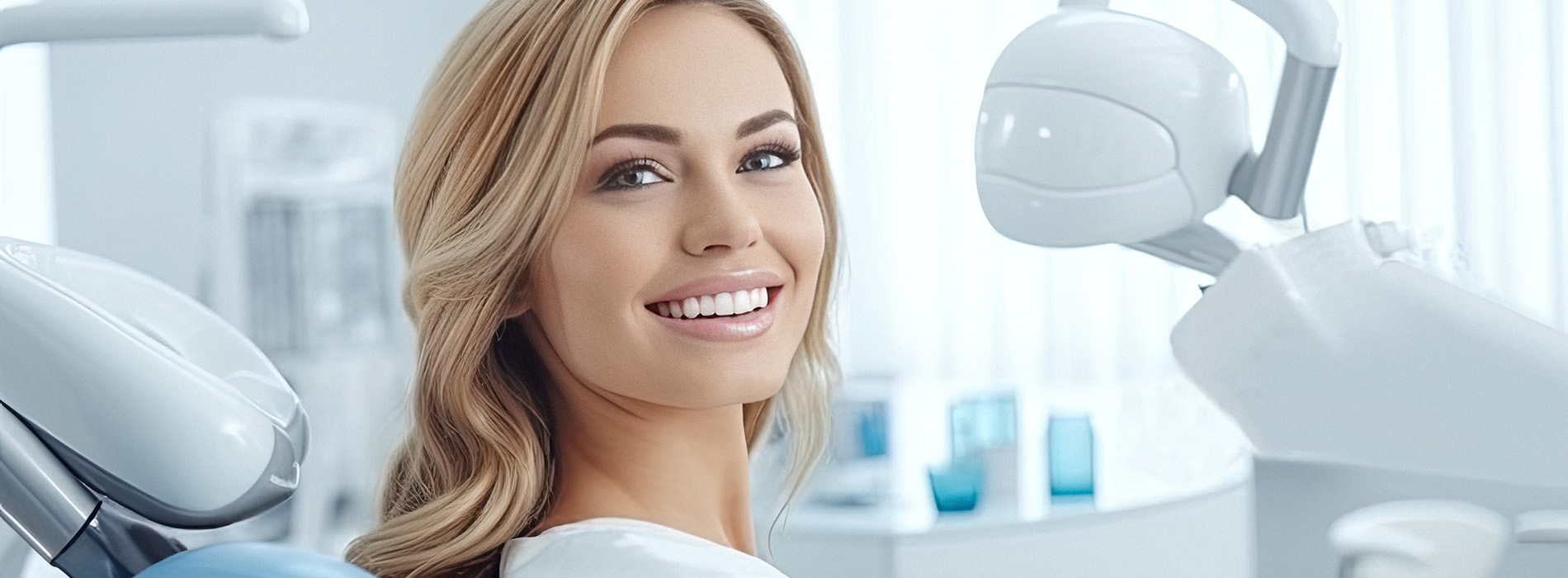 A smiling woman in a dental office, standing behind a modern dental chair with digital equipment.