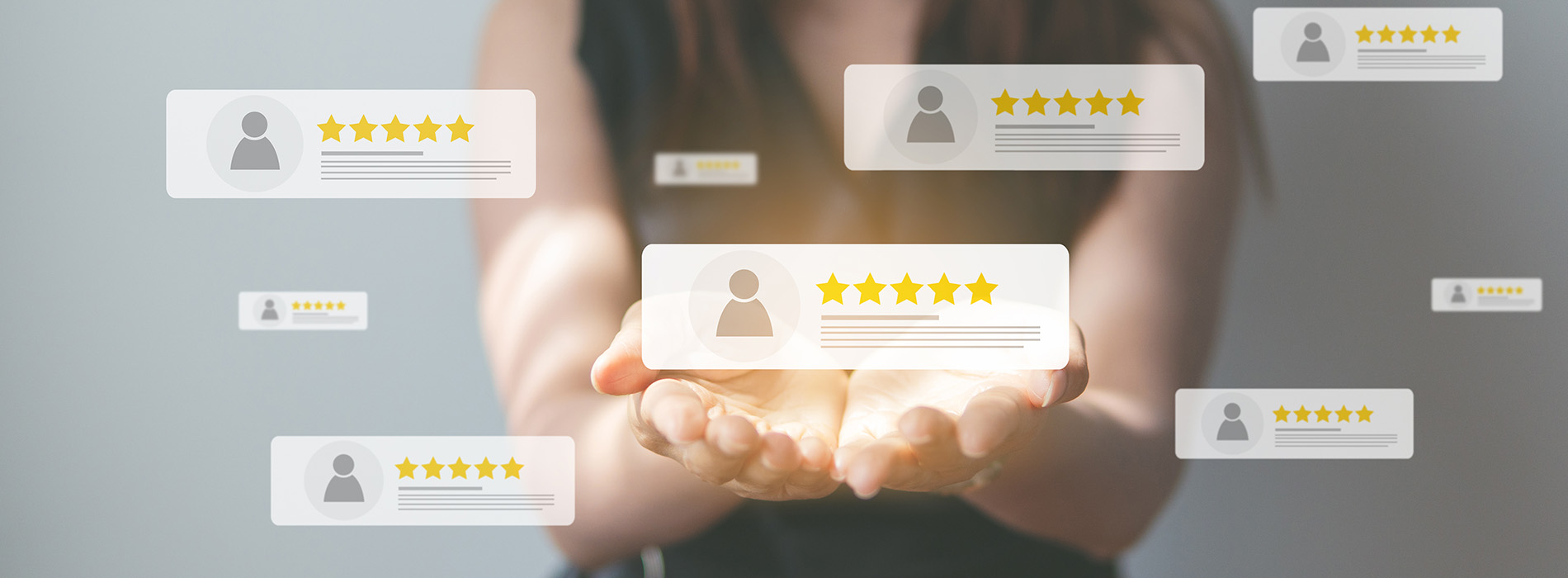 The image displays a person s hand against a white background, surrounded by various social media icons and star ratings, suggesting an interface for reviewing or rating products or services.