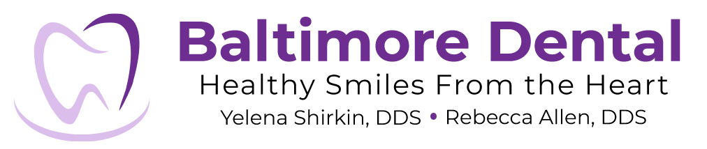 The image is a logo for  Baltimore Dental  featuring a stylized tooth and a purple background with the text  Baltimore Dental.