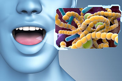 An illustration featuring a human mouth with an open lower lip, overlaid on a background image of a microscopic view of bacteria or viruses.