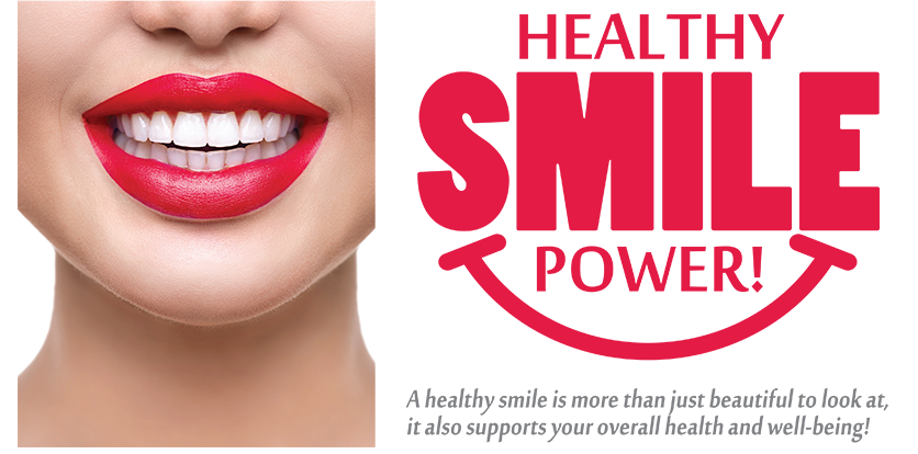 Image of a woman with red lipstick, promoting Healthy Smile Power .